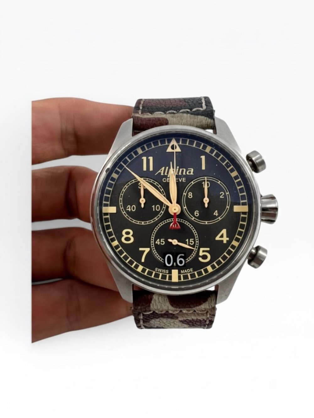 Alpina Startimer Pilot Chronograph Camo Swiss Watch w/ Box & Extra Strap
